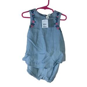 NWT Tucker + Tate 2 piece chambray outfit 18 mo baby girl top shorts embroidered